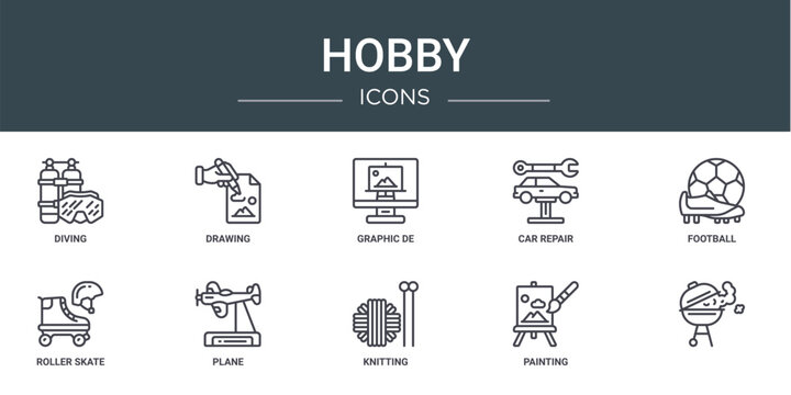 set of 10 outline web hobby icons such as diving, drawing, graphic de, car repair, football, roller skate, plane vector icons for report, presentation, diagram, web design, mobile app