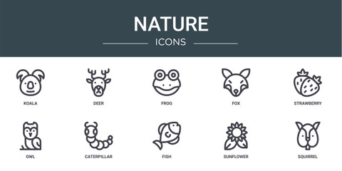 set of 10 outline web nature icons such as koala, deer, frog, fox, strawberry, owl, caterpillar vector icons for report, presentation, diagram, web design, mobile app