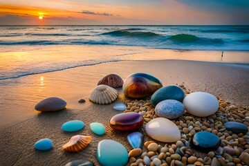 Fototapeta na wymiar shells on the beach aesthetic sunset view at beach ai generated