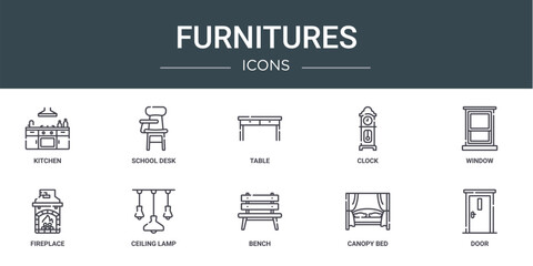 set of 10 outline web furnitures icons such as kitchen, school desk, table, clock, window, fireplace, ceiling lamp vector icons for report, presentation, diagram, web design, mobile app