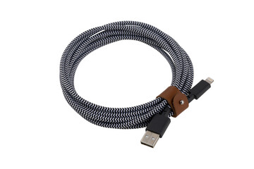 Cable for portable equipment with USB lightning connectors on a white background. Cable closeup isolated on white background.