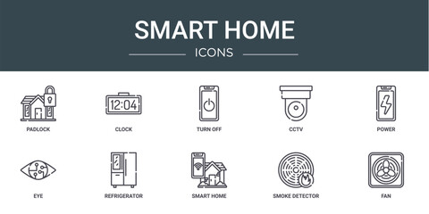 set of 10 outline web smart home icons such as padlock, clock, turn off, cctv, power, eye, refrigerator vector icons for report, presentation, diagram, web design, mobile app
