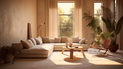 Fototapeta premium Cozy living room with warm tones, wood textures, scandinavian and japanese design aesthetics