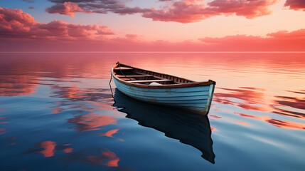 A boat floating in the middle of a calm reflective water during sunset