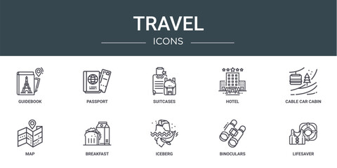 set of 10 outline web travel icons such as guidebook, passport, suitcases, hotel, cable car cabin, map, breakfast vector icons for report, presentation, diagram, web design, mobile app