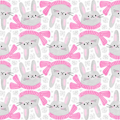 Seamless pattern with cute bunnies in warm scarves. Winter illustration.