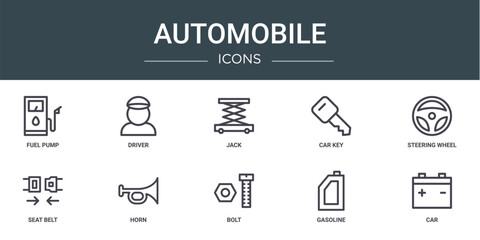 set of 10 outline web automobile icons such as fuel pump, driver, jack, car key, steering wheel, seat belt, horn vector icons for report, presentation, diagram, web design, mobile app