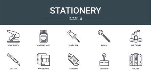 set of 10 outline web stationery icons such as hole punch, cutting mat, push pin, pencil, bar chart, cutter, notebooks vector icons for report, presentation, diagram, web design, mobile app