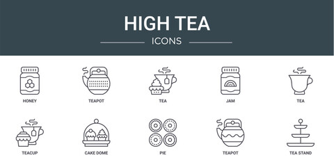 set of 10 outline web high tea icons such as honey, teapot, tea, jam, tea, teacup, cake dome vector icons for report, presentation, diagram, web design, mobile app