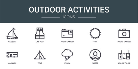 Naklejka na ściany i meble set of 10 outline web outdoor activities icons such as sailboat, life vest, photo camera, sun, photo camera, caravan, tent vector icons for report, presentation, diagram, web design, mobile app