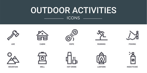 set of 10 outline web outdoor activities icons such as axe, cabin, rope, running, fishing, mountain, well vector icons for report, presentation, diagram, web design, mobile app