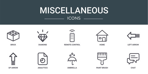 set of 10 outline web miscellaneous icons such as brick, diamond, remote control, home, left arrow, up arrow, analytics vector icons for report, presentation, diagram, web design, mobile app