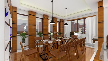 modern apartment interior view, dining table. 3d rendering