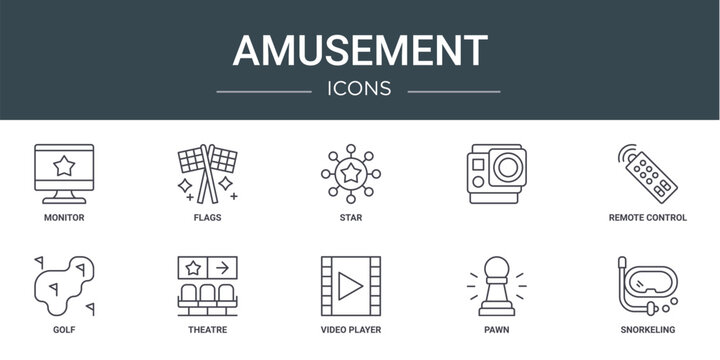 set of 10 outline web amusement icons such as monitor, flags, star, , remote control, golf, theatre vector icons for report, presentation, diagram, web design, mobile app