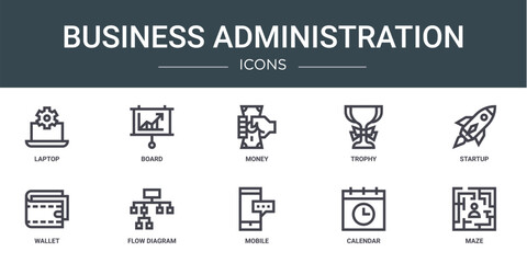 set of 10 outline web business administration icons such as laptop, board, money, trophy, startup, wallet, flow diagram vector icons for report, presentation, diagram, web design, mobile app