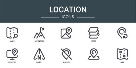 set of 10 outline web location icons such as maps, mountain, , maps, desktop, north vector icons for report, presentation, diagram, web design, mobile