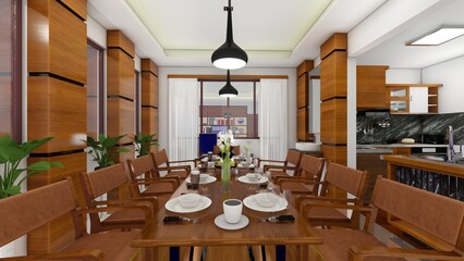 modern apartment interior view, dining table. 3d rendering