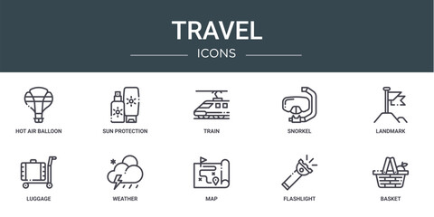 set of 10 outline web travel icons such as hot air balloon, sun protection, train, snorkel, landmark, luggage, weather vector icons for report, presentation, diagram, web design, mobile app