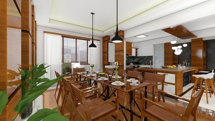 modern apartment interior view, dining table. 3d rendering
