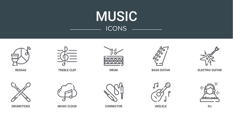 set of 10 outline web music icons such as reggae, treble clef, drum, bass guitar, electric guitar, drumsticks, music cloud vector icons for report, presentation, diagram, web design, mobile app