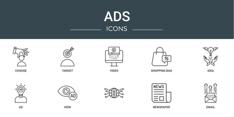 set of 10 outline web ads icons such as choose, target, video, shopping bag, idea, ad, view vector icons for report, presentation, diagram, web design, mobile app
