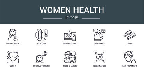 set of 10 outline web women health icons such as healthy heart, sanitary, skin treatment, pregnancy, shoes, weight, positive thinking vector icons for report, presentation, diagram, web design,
