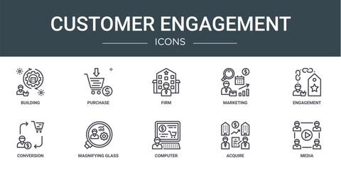 set of 10 outline web customer engagement icons such as building, purchase, firm, marketing, engagement, conversion, magnifying glass vector icons for report, presentation, diagram, web design,