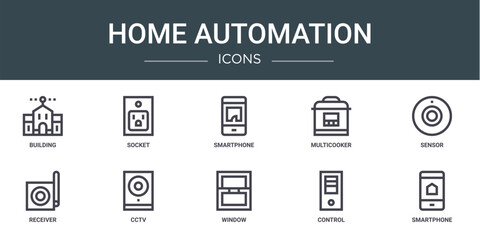 set of 10 outline web home automation icons such as building, socket, smartphone, multicooker, sensor, receiver, cctv vector icons for report, presentation, diagram, web design, mobile app