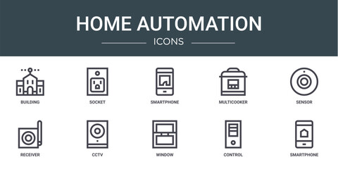 Fototapeta premium set of 10 outline web home automation icons such as building, socket, smartphone, multicooker, sensor, receiver, cctv vector icons for report, presentation, diagram, web design, mobile app