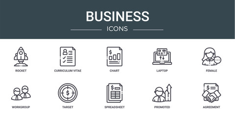 Fototapeta na wymiar set of 10 outline web business icons such as rocket, curriculum vitae, chart, laptop, female, workgroup, target vector icons for report, presentation, diagram, web design, mobile app