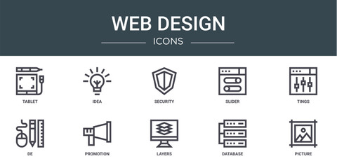 set of 10 outline web web design icons such as tablet, idea, security, slider, tings, de, promotion vector icons for report, presentation, diagram, web design, mobile app