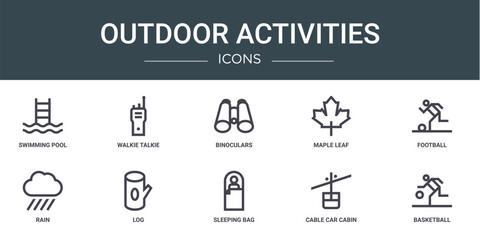 set of 10 outline web outdoor activities icons such as swimming pool, walkie talkie, binoculars, maple leaf, football, rain, log vector icons for report, presentation, diagram, web design, mobile