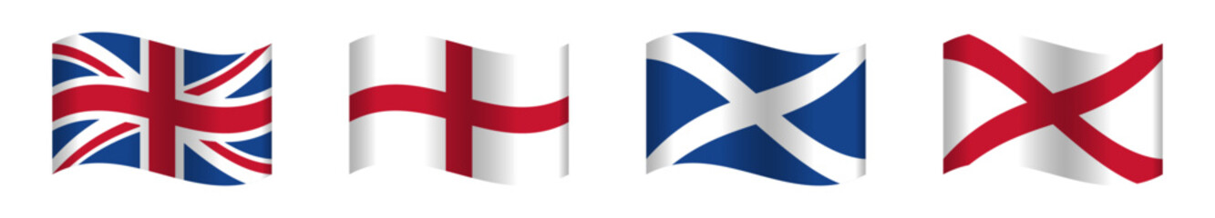 Wavy flags of United Kingdom, England, Ireland and Scotland. PNG and vector on transparent background.
