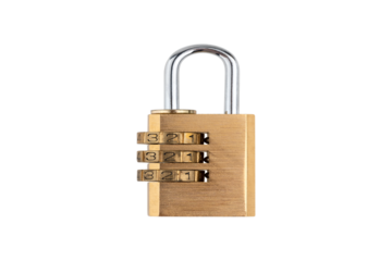 Lock for doors on a white background. Golden color padlock closeup isolated on white background.