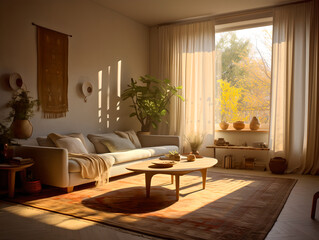 Cozy living room with warm tones, wood textures, scandinavian and japanese design aesthetics