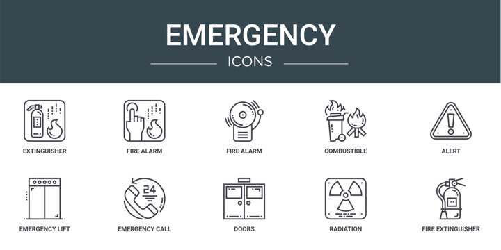 set of 10 outline web emergency icons such as extinguisher, fire alarm, fire alarm, combustible, alert, emergency lift, emergency call vector icons for report, presentation, diagram, web design,