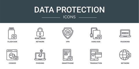 set of 10 outline web data protection icons such as flash disk, network, vpn, hard disk, password, cookies, phishing vector icons for report, presentation, diagram, web design, mobile app