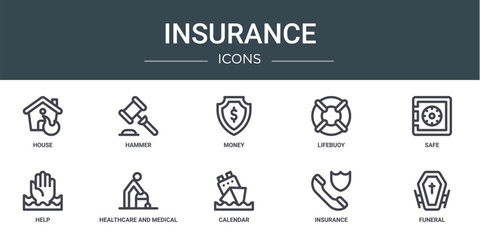 set of 10 outline web insurance icons such as house, hammer, money, lifebuoy, safe, help, healthcare and medical vector icons for report, presentation, diagram, web design, mobile app