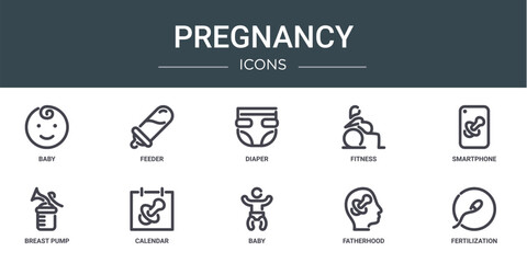 set of 10 outline web pregnancy icons such as baby, feeder, diaper, fitness, smartphone, breast pump, calendar vector icons for report, presentation, diagram, web design, mobile app