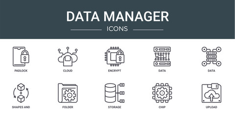set of 10 outline web data manager icons such as padlock, cloud, encrypt, data, data, shapes and, folder vector icons for report, presentation, diagram, web design, mobile app
