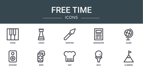 set of 10 outline web free time icons such as piano, chess, painting, newspaper, globe, speaker, beer vector icons for report, presentation, diagram, web design, mobile app