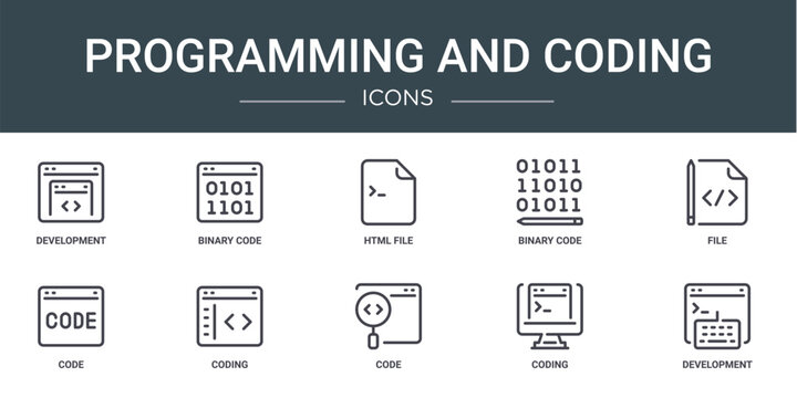 set of 10 outline web programming and coding icons such as development, binary code, html file, binary code, file, code, coding vector icons for report, presentation, diagram, web design, mobile app