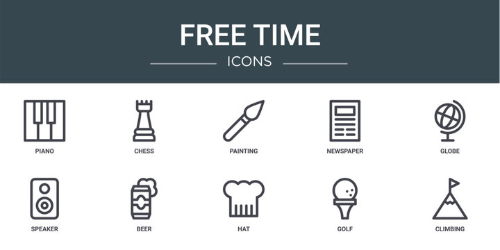 set of 10 outline web free time icons such as piano, chess, painting, newspaper, globe, speaker, beer vector icons for report, presentation, diagram, web design, mobile app