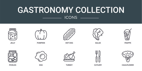 set of 10 outline web gastronomy collection icons such as jelly, pumpkin, hot dog, salad, frappe, pickles, egg vector icons for report, presentation, diagram, web design, mobile app