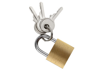 Lock for doors on a white background. Golden color padlock closeup isolated on white background.