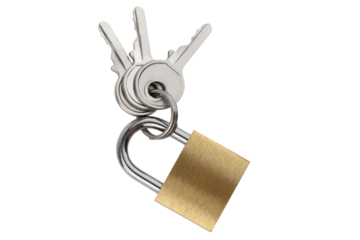 Lock for doors on a white background. Golden color padlock closeup isolated on white background.