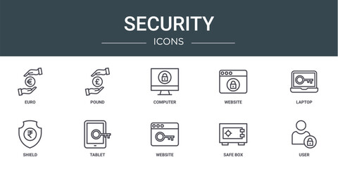 set of 10 outline web security icons such as euro, pound, computer, website, laptop, shield, tablet vector icons for report, presentation, diagram, web design, mobile app