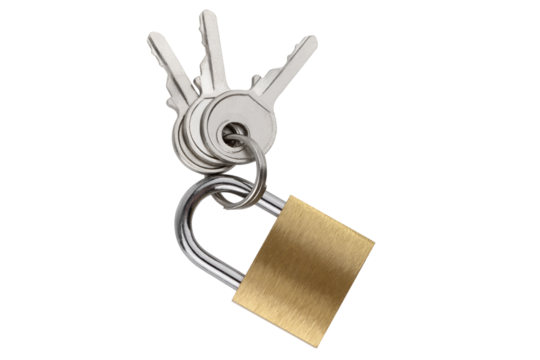 Lock for doors on a white background. Golden color padlock closeup isolated on white background.