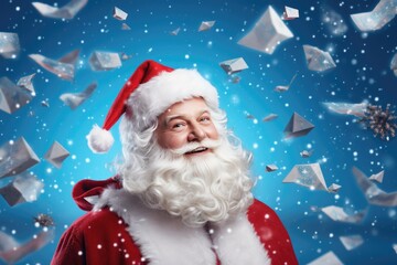 Santa on a blue background with flying objects, christmas banner, created with generative ai
