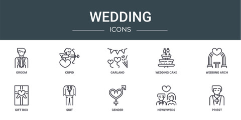 set of 10 outline web wedding icons such as groom, cupid, garland, wedding cake, wedding arch, gift box, suit vector icons for report, presentation, diagram, web design, mobile app